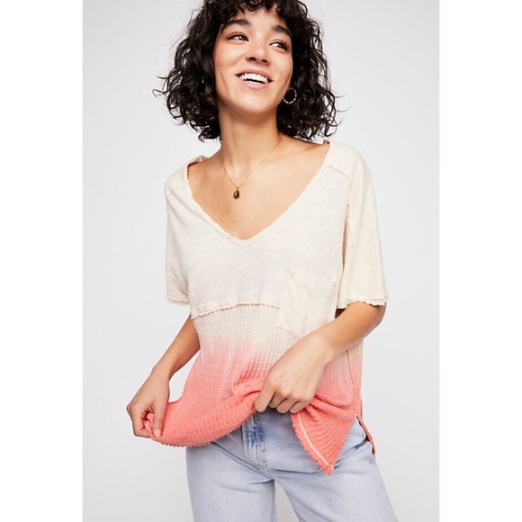 We The Free FP Sun Dial V-Neck Linen Blend Waffle Tee XS Colorblock Ombre Coral - Picture 1 of 8